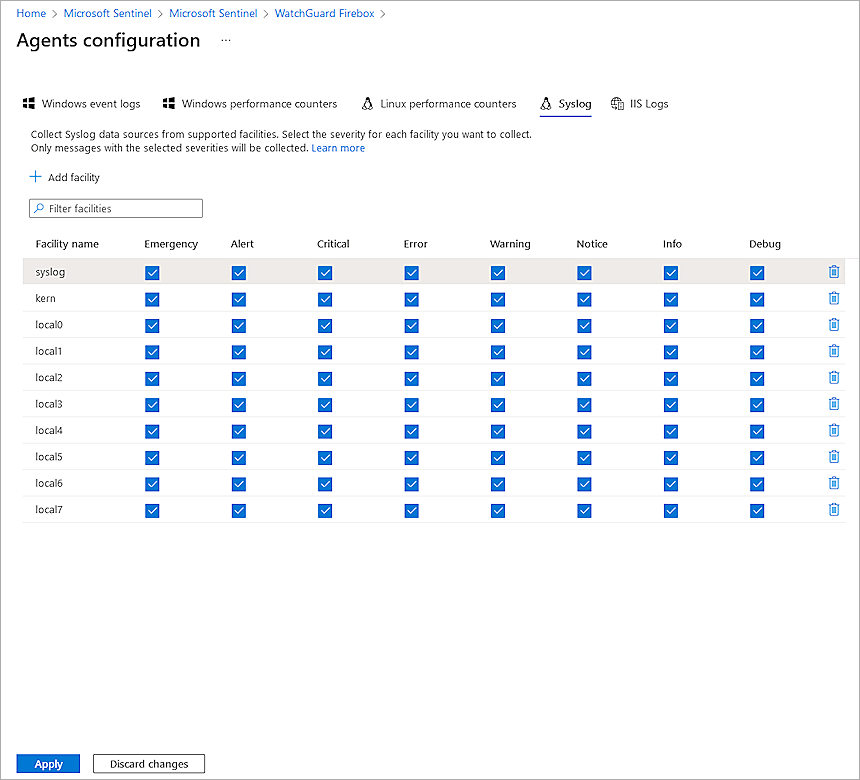 Screenshot of the Agents Configuration page in the Azure portal